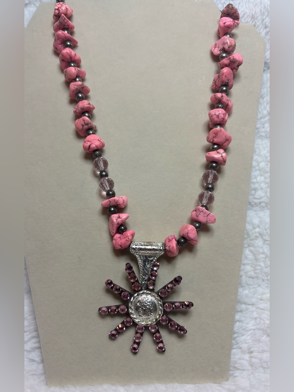 Trigg Leather pink Howlite turquoise Silver chunky Squash Blossom  necklace